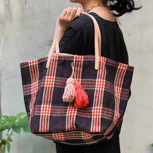 西班牙設計師/Woven Cotton Tote Bag - Red Plaid - OBEIOBEI