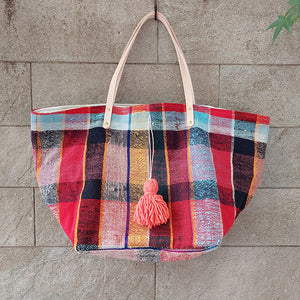 西班牙設計師/Woven Cotton Tote Bag - Pink/Orange Tassel - OBEIOBEI
