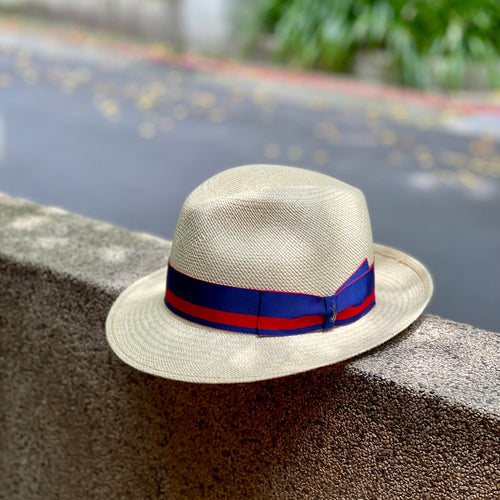 Borsalino/Medium Brim Panama Hat - Blue-Red Ribbon - OBEIOBEI