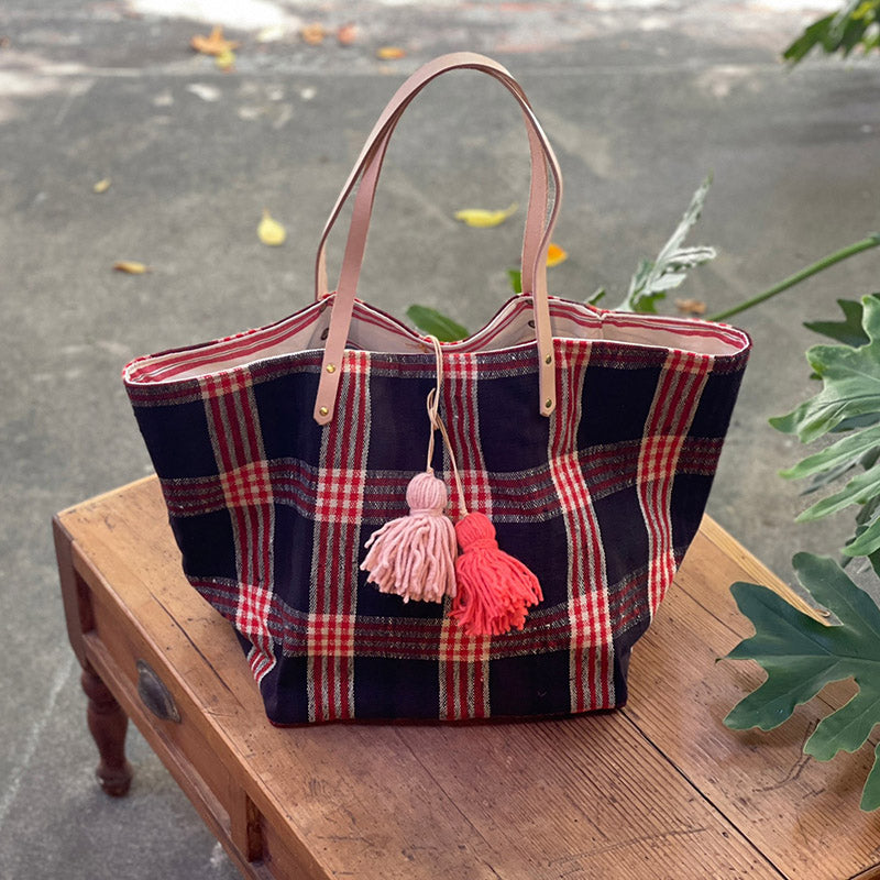 西班牙設計師/Woven Cotton Tote Bag - Red Plaid - OBEIOBEI