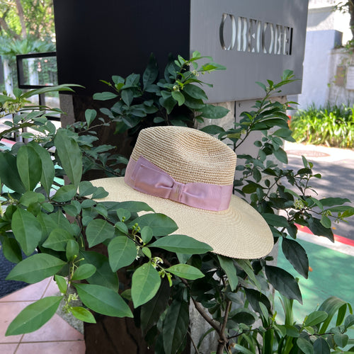 Borsalino/Wide Brim Panama Hat for Lady - Pink ribbon