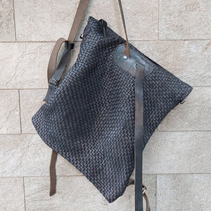 Delle Cose/Grey black leather woven backpack - OBEIOBEI