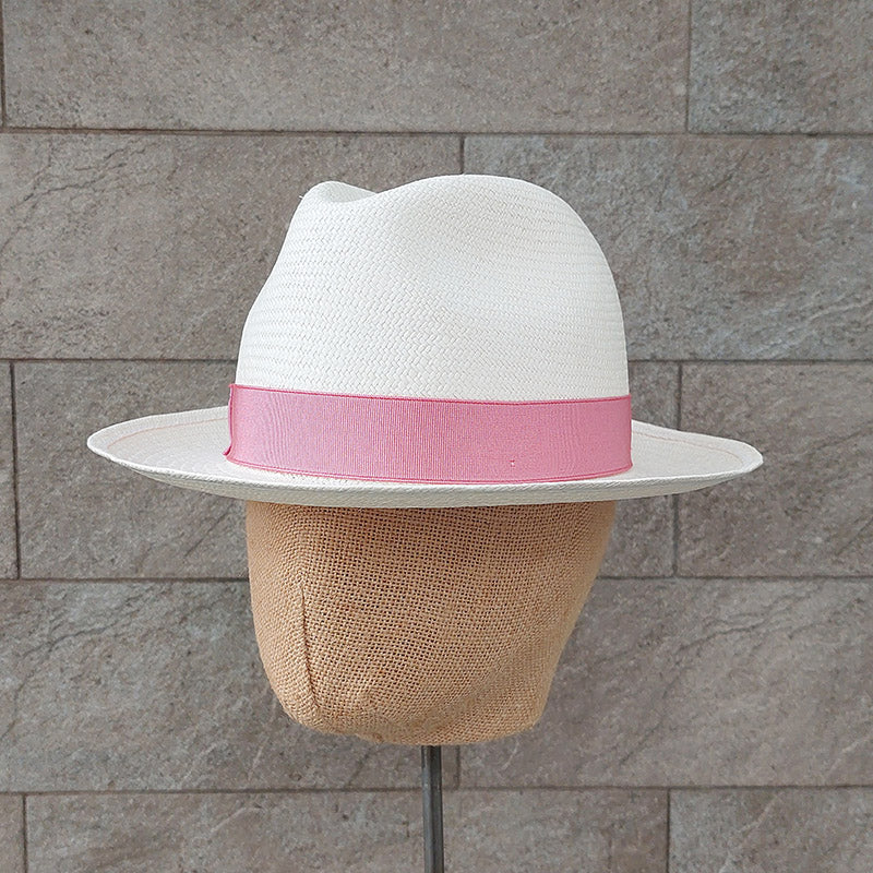 Borsalino/Classic medium brim Panama hat-Pink ribbon - OBEIOBEI