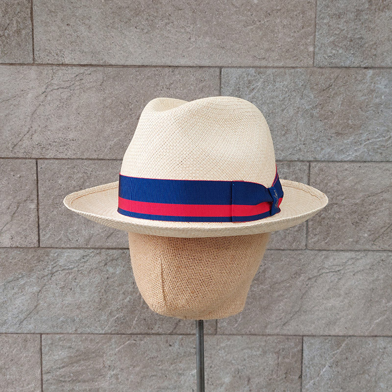 Borsalino/Medium Brim Panama Hat - Blue-Red Ribbon - OBEIOBEI