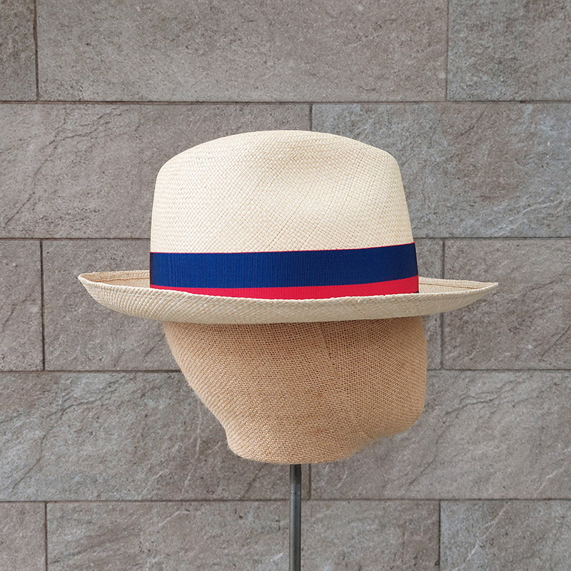 Borsalino/Medium Brim Panama Hat - Blue-Red Ribbon - OBEIOBEI