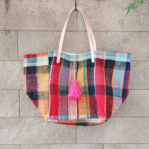 西班牙設計師/Woven Cotton Tote Bag - Pink/Orange Tassel - OBEIOBEI