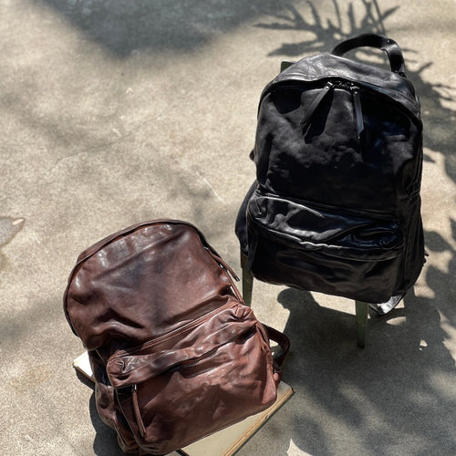 義大利品牌/Large Leather Backpack (Black/Brown)