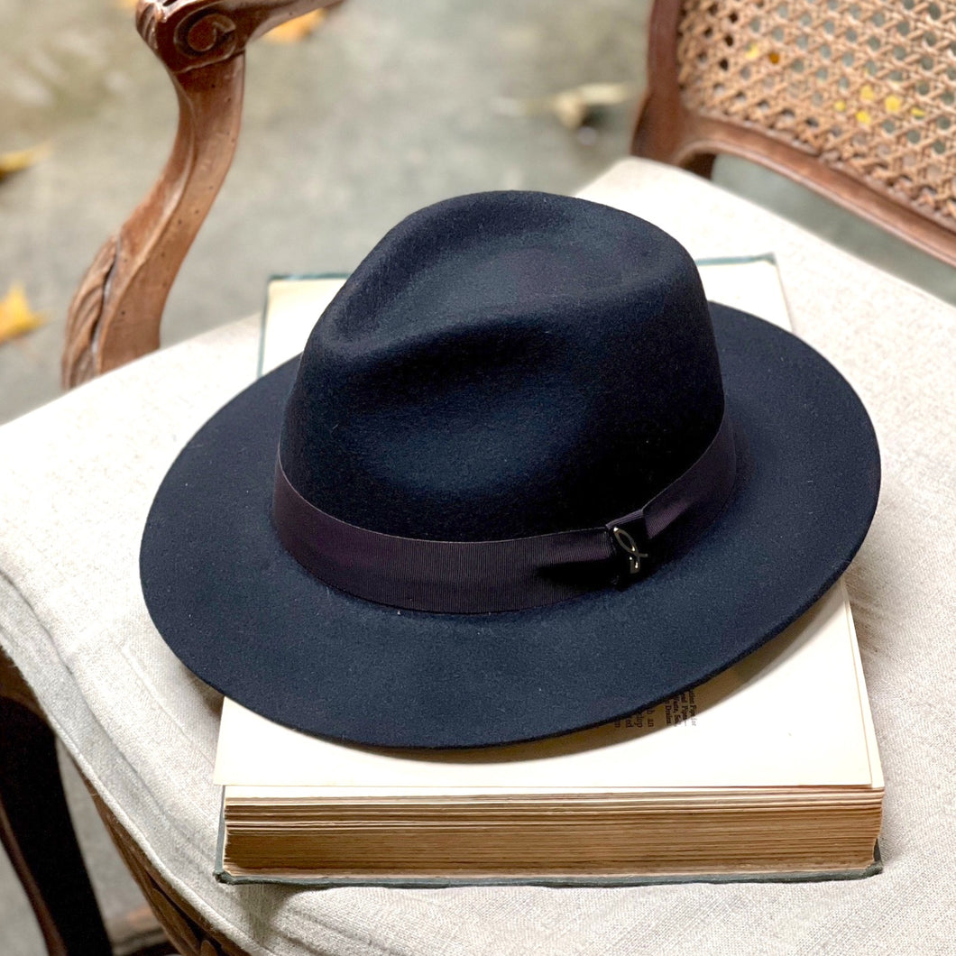 Doria/Black Wool Fedora Hat with purple ribbon