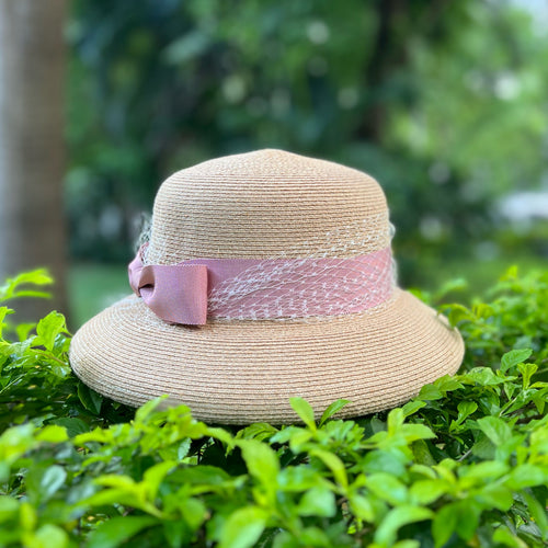 OBEIOBEI/Raffia straw hat-Pink ribbon