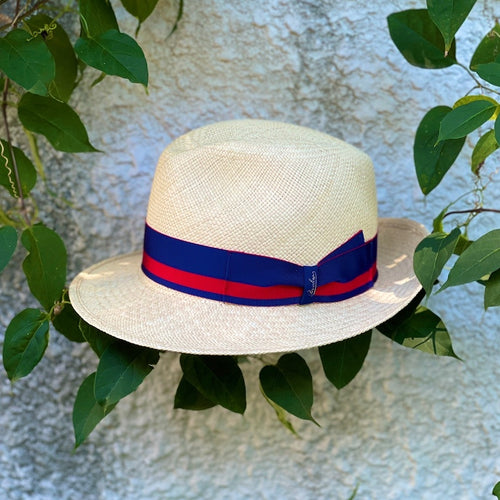 Borsalino/Panama Hat - Blue/Red Ribbon