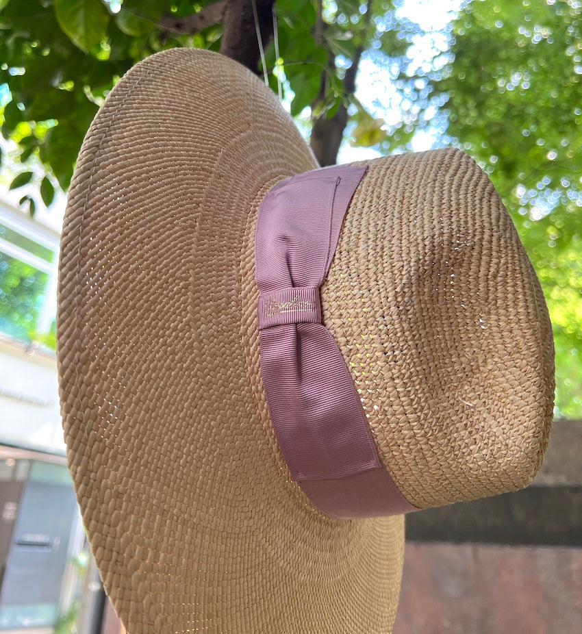 Borsalino/Wide Brim Panama Hat for Lady - Pink ribbon