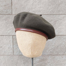 Load image into Gallery viewer, Doria/Wool Beret With Leather Trim(Olive Green/Brown) - OBEIOBEI