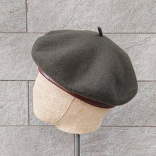 Load image into Gallery viewer, Doria/Wool Beret With Leather Trim(Olive Green/Brown) - OBEIOBEI