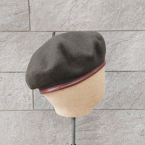 Doria/Wool Beret With Leather Trim(Olive Green/Brown) - OBEIOBEI