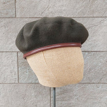 Load image into Gallery viewer, Doria/Wool Beret With Leather Trim(Olive Green/Brown) - OBEIOBEI