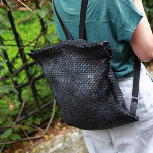 Delle Cose/Grey black leather woven backpack - OBEIOBEI